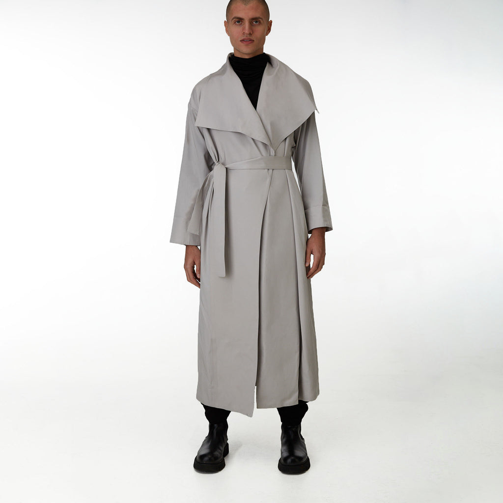 Mens Grey long trench coat by Lâcher Prise-Fronet pose model