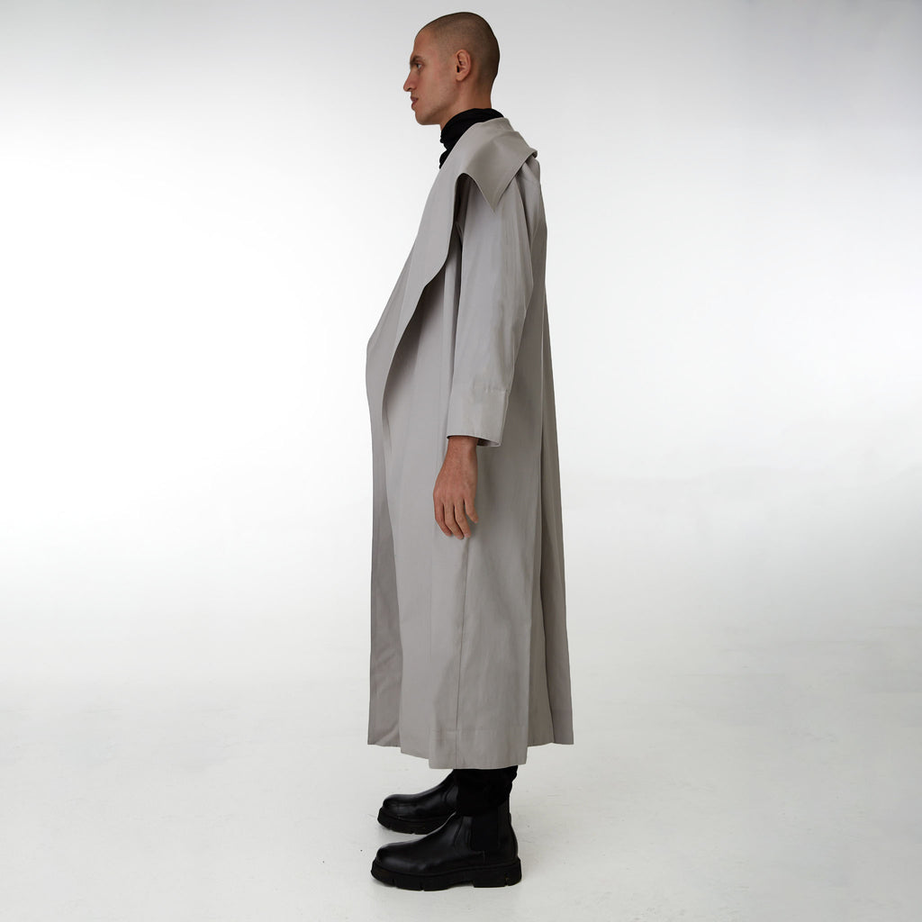 Long grey trench coat by Lâcher Prise mens-side pose